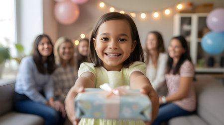 Happy little girl giving a gift box with a big smile during celebration, surrounded by family and festive decorations.の素材