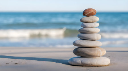 Stack of smooth pebbles balanced on sandy beach near ocean waves symbolizing peace, balance, relaxation, harmony, and mindfulness.の素材