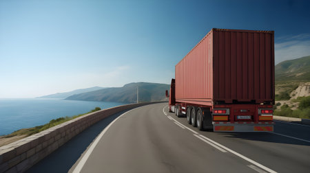 Cargo truck driving along coastal highway with ocean view, symbolizing transportation, logistics, delivery service, and global freight movement.の素材