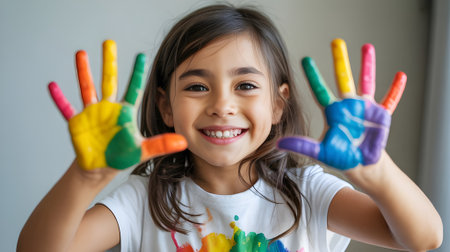 Happy child showing colorful painted hands, symbolizing creativity, fun, childhood joy, learning, imagination, and artistic self-expression through colors.の素材