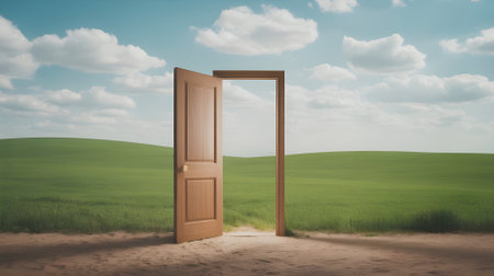 Open wooden door in green meadow under blue sky symbolizing new opportunities, freedom, imagination, hope, and future possibilities.の素材