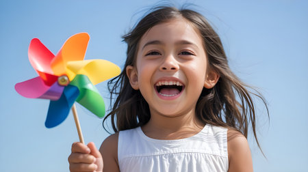 Joyful child laughing under clear blue sky, holding colorful pinwheel, symbolizing happiness, childhood fun, freedom, and positive energy.の素材