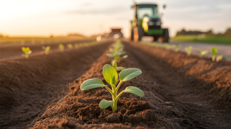 Young green plants growing in fertile soil at sunrise with tractor in background, symbolizing sustainable agriculture and organic farming.の素材
