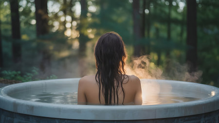 Relaxing woman enjoying a hot bath outdoors surrounded by nature, steam rising in the peaceful forest evening light.の素材