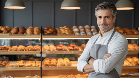 Confident male baker standing proudly in modern bakery shop surrounded by fresh bread, pastries, and croissants, symbolizing craftsmanship and success.の素材