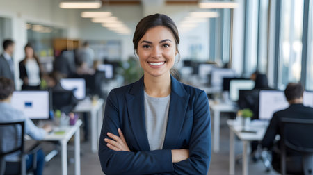 Confident businesswoman smiling with folded arms in modern office, symbolizing leadership, success, professionalism, teamwork, and corporate achievement.の素材