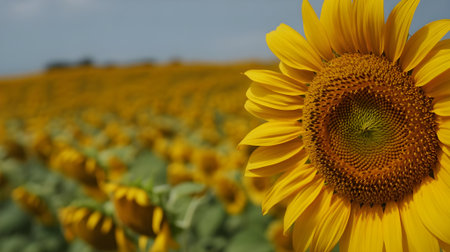 Beautiful close-up of a blooming sunflower in a vibrant yellow field under clear sky, symbolizing summer, growth, and positivity.の素材