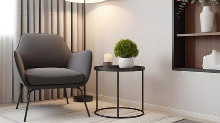 Modern minimalist living room with cozy armchair, round table, green plant, and candle decor for stylish home interior design.の素材