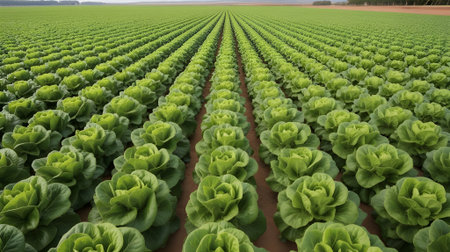 Vast green cabbage farm with fresh organic vegetables growing in perfect rows under natural sunlight, ideal for agriculture and farming concepts.の素材