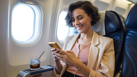 Smiling woman using smartphone on airplane, enjoying comfortable travel experience with drink, relaxation, and modern in-flight lifestyle.の素材