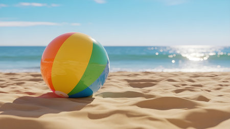 Colorful beach ball on sunny sandy shore with ocean waves and blue sky, symbolizing summer fun, relaxation, and vacation vibes.の素材