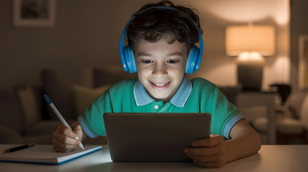 Smiling boy with headphones studying online using a tablet at night, engaged in digital learning and education at home.の素材