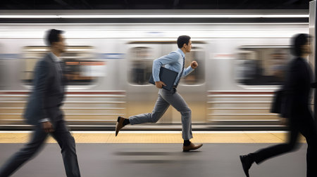 Businessman running to catch a subway train, representing urban rush, corporate lifestyle, urgency, and fast-paced city life.の素材