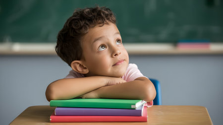 Curious schoolboy sitting at a desk with colorful books, daydreaming in classroom, symbolizing learning, imagination, and education.の素材