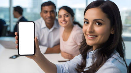 Smiling businesswoman showing smartphone with blank screen in office meeting, perfect for app presentation, technology, and corporate advertising.の素材