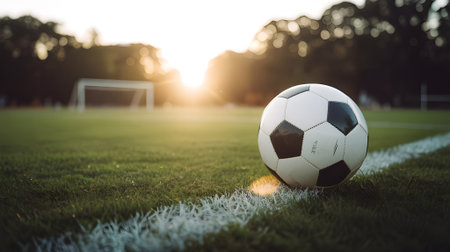 Close-up of a soccer ball on a green field at sunset, symbolizing sports passion, teamwork, and outdoor fitness.の素材