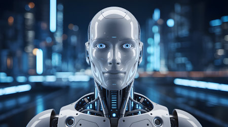 Futuristic humanoid robot with glowing blue eyes in a cyber city background, symbolizing artificial intelligence, innovation, and advanced technology.の素材
