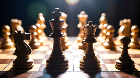 Close-up of chess pieces on wooden board under dramatic lighting, symbolizing strategy, intelligence, leadership, competition, and decision-making.の素材