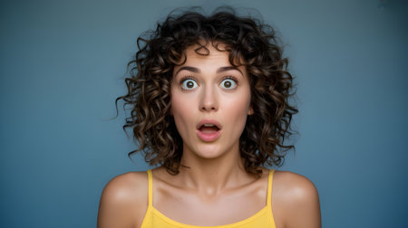 Surprised young woman with curly hair and wide eyes expressing shock and amazement against blue background, emotional reaction concept.の素材
