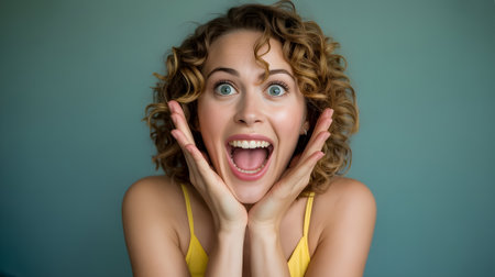 Excited young woman with curly hair expressing surprise and happiness, joyful facial expression and emotional reaction against blue background.の素材