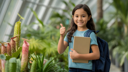 Happy schoolgirl holding notebook and showing thumbs up in green botanical garden, symbolizing education, nature learning, and positive environment.の素材