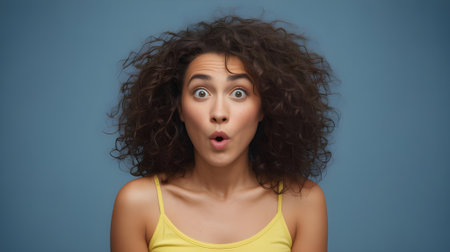 Surprised young woman with curly hair making shocked facial expression against blue background, showing astonishment and amazement in studio.の素材