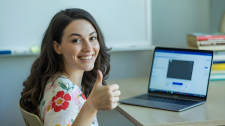 Happy young woman giving thumbs up while working on laptop at home, symbolizing success, positivity, and online productivity.の素材