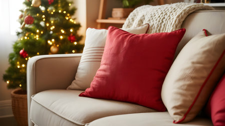Cozy living room with red and beige pillows on a sofa, decorated for Christmas with a glowing festive tree.の素材