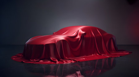 Luxury car covered with elegant red cloth in studio lighting, symbolizing new car launch, mystery, and automotive innovation reveal.の素材