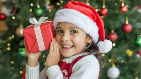 Joyful little girl wearing Santa hat holding a Christmas gift box, celebrating festive holiday season with happiness and excitement.の素材