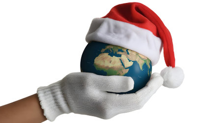 A hand wearing a white glove gently holds the Earth globe with a Santa hat, symbolizing global Christmas celebration.の素材