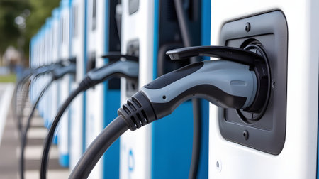 Close-up view of an electric vehicle charging station plug symbolizing clean energy, eco-friendly transportation, and sustainable automotive technology.の素材