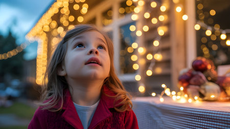 Adorable child gazing at glowing festive lights in evening ambiance, symbolizing wonder, joy, innocence, and holiday spirit outdoors.の素材