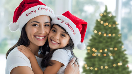 Loving mother and daughter wearing Santa hats hugging joyfully near Christmas tree, celebrating festive holidays with warmth and happiness.の素材
