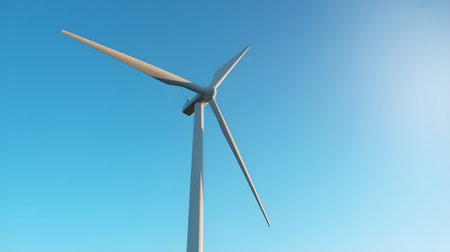 Modern wind turbine generating renewable energy under clear blue sky, symbolizing clean power, sustainability, and eco-friendly green technology innovation.の素材