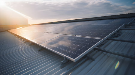 Modern solar panels installed on a metal rooftop harness clean renewable energy from sunlight, promoting sustainability and eco-friendly power solutions.の素材