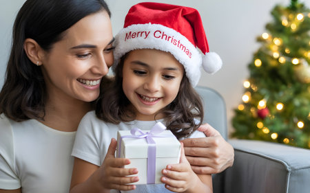 Joyful mother and daughter celebrating Christmas together, smiling and exchanging gifts near a glowing Christmas tree in a cozy home.の素材