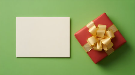 Top view of red gift box with golden ribbon and blank card on green background, perfect for festive greetings.の素材