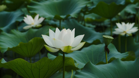 Beautiful white lotus flower blooming peacefully among lush green leaves in a tranquil pond, symbolizing purity, peace, and natureâs beauty.の素材