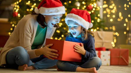 Joyful mother and daughter wearing Santa hats opening a glowing Christmas gift together by the tree in festive lights.の素材