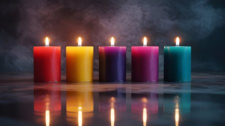 Colorful burning candles creating a warm and peaceful atmosphere, perfect for relaxation, meditation, spa, and romantic decorative settings.の素材