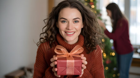 Smiling woman holding a wrapped Christmas gift in cozy winter sweater, celebrating festive holidays with joy and warmth.の素材