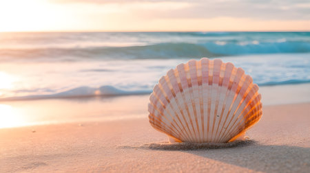 Beautiful seashell on sandy beach during golden sunset, symbolizing peace, summer vacations, and the natural beauty of the ocean.の素材