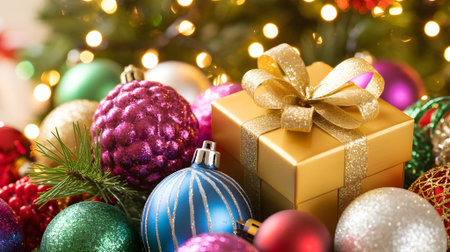Vibrant Christmas scene with colorful ornaments, sparkling golden gift box, and festive holiday lights creating joyful holiday celebration atmosphere.の素材