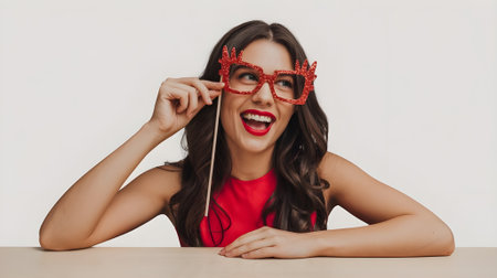 Cheerful woman wearing festive red dress and fun glitter glasses, laughing joyfully during a holiday celebration in bright studio light.の素材