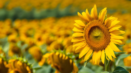 Beautiful close-up of a vibrant sunflower in full bloom under sunlight, symbolizing happiness, summer warmth, and natural beauty.の素材