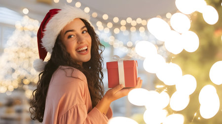 Smiling woman in Santa hat holding a Christmas gift box with festive lights and decorations creating joyful holiday atmosphere.の素材
