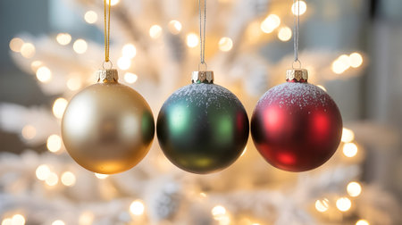 Elegant Christmas ornaments in gold, green, and red hanging on a festive tree with glowing holiday lights in the background.の素材