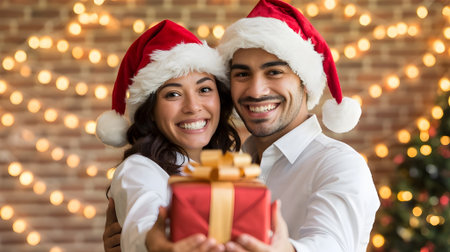 Happy couple celebrating Christmas together, wearing Santa hats and smiling while holding a festive gift in a warm holiday setting.の素材