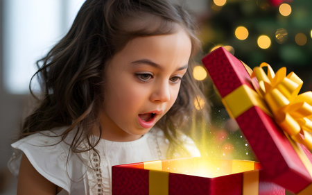 A amazed little girl opening a glowing Christmas gift box, surrounded by festive holiday lights and magical winter atmosphere.の素材
